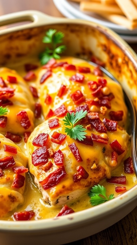 A chicken bake topped with bacon and cheese in a rustic dish, garnished with parsley.